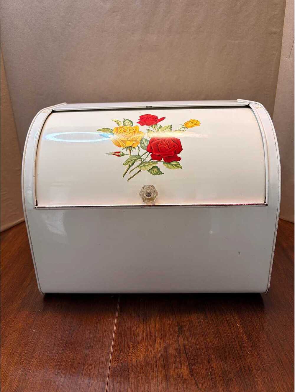Vintage GSW Roll Top Bread Box White Metal Rose Floral Reg’d 1952 Canada